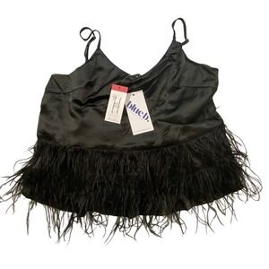 Black Tiered Feather Cami Tank Top Size L Whimsy Goth WhimsiGothic